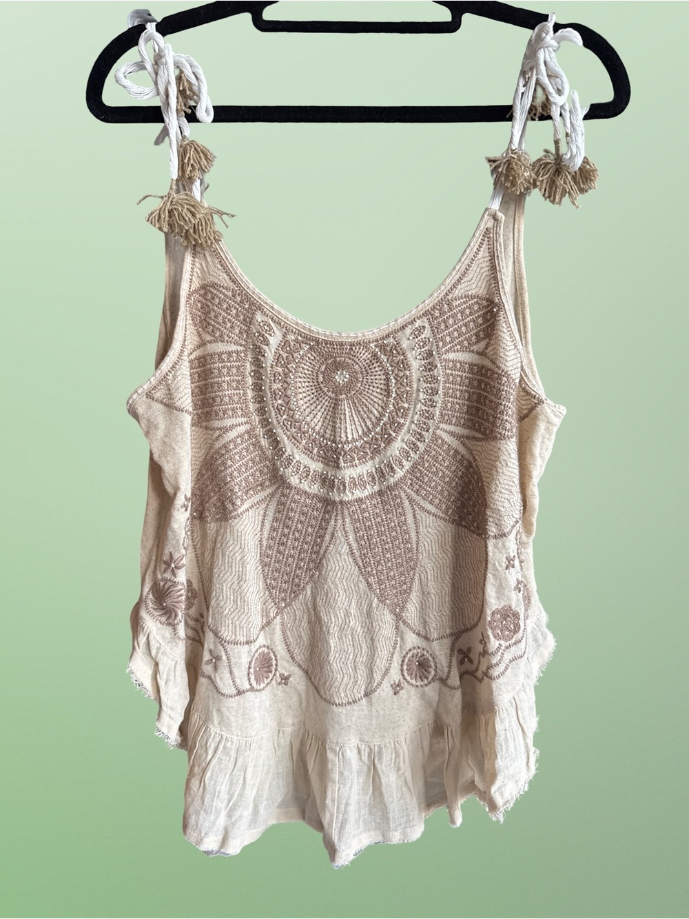 Free People Super Moon Tank Beige Embroidered Tie-Shoulder Tank